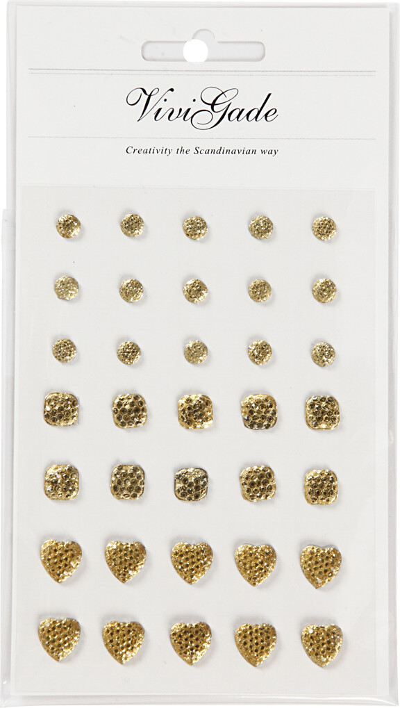 Rhinsten Klistermærker - Selvklæbende - Rund Firkant Hjerte - Guld - 35