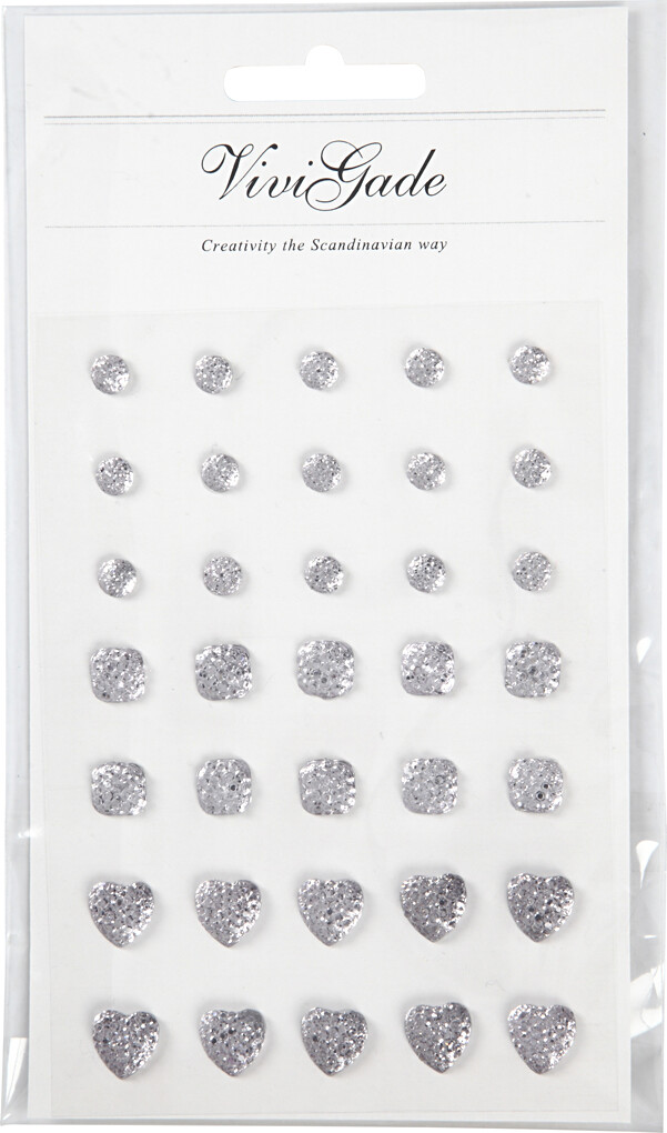 Rhinsten Klistermærker - Selvklæbende - Rund Firkant Hjerte - Sølv - Str