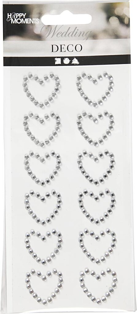 Rhinsten Klistermærker - Selvklæbende - Hjerter - Sølv - 12 Stk