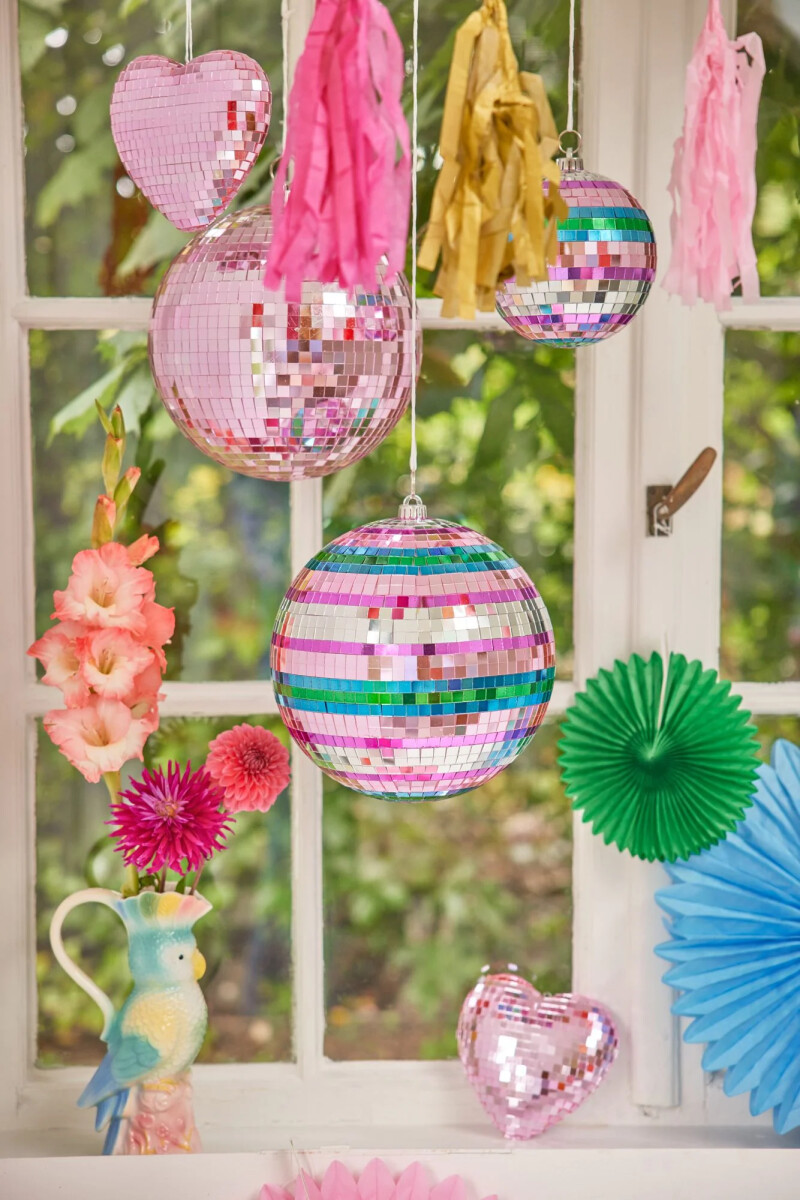 Rice - Disco Ball With Funky Stripes - Pink Silver Green And Blue - Large