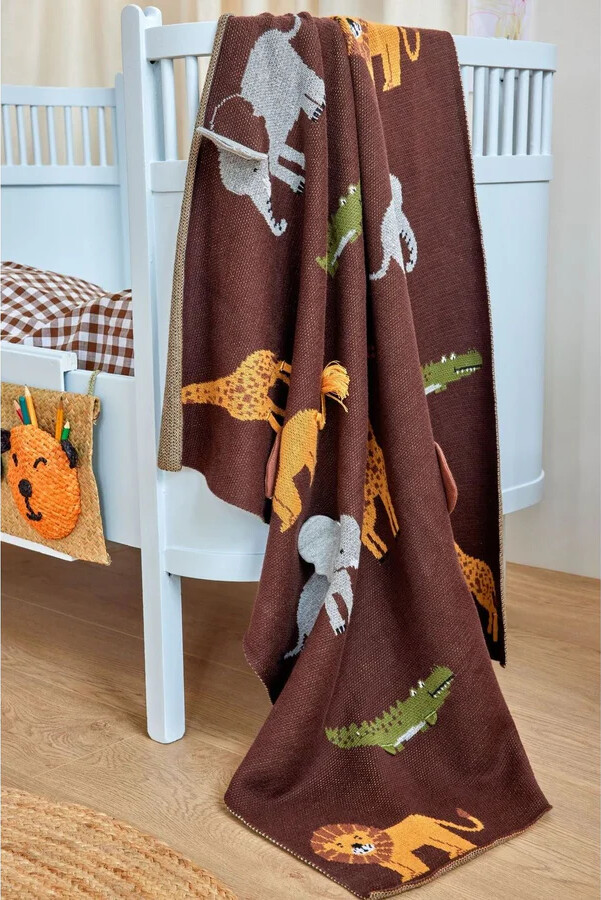 Rice - Knitted Baby Blanket With Animals And 3D Details - Chocolate Brown