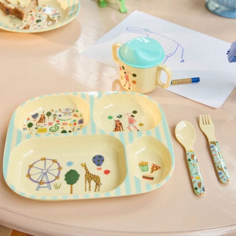 Rice - Melamine Baby Dinner Set - Fun Fair Print - Mint And Blue