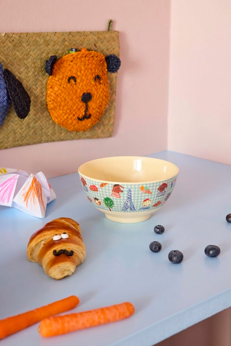Rice - Melamine Bowl With Blue Kids In Paris Print - Blue - Medium - 700 Ml