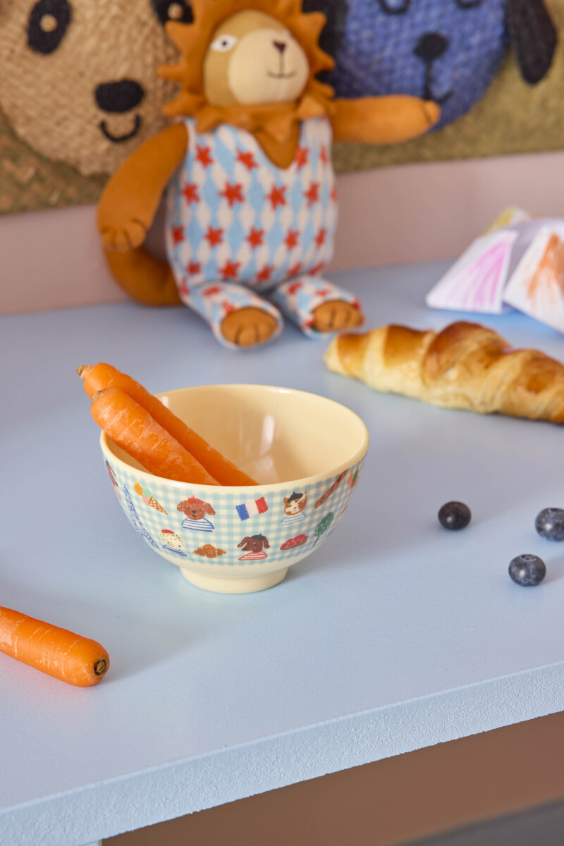 Rice - Melamine Bowl With Blue Kids In Paris Print - Soft Blue - 300 Ml