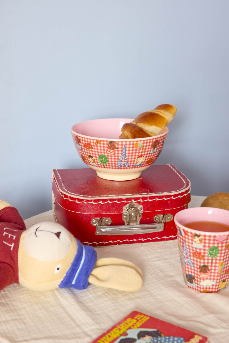 Rice - Melamine Bowl With Red Kids In Paris Print - Pink - 700 Ml