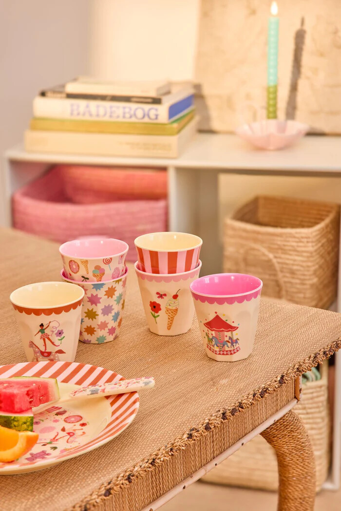 Rice - Melamine Cups With Fun Fair Prints - Pink - Small