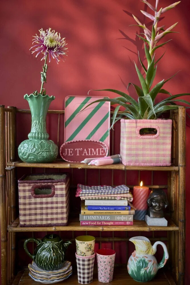 Rice - Raffia Square Basket With Handle Opening - Pink Checks - Small