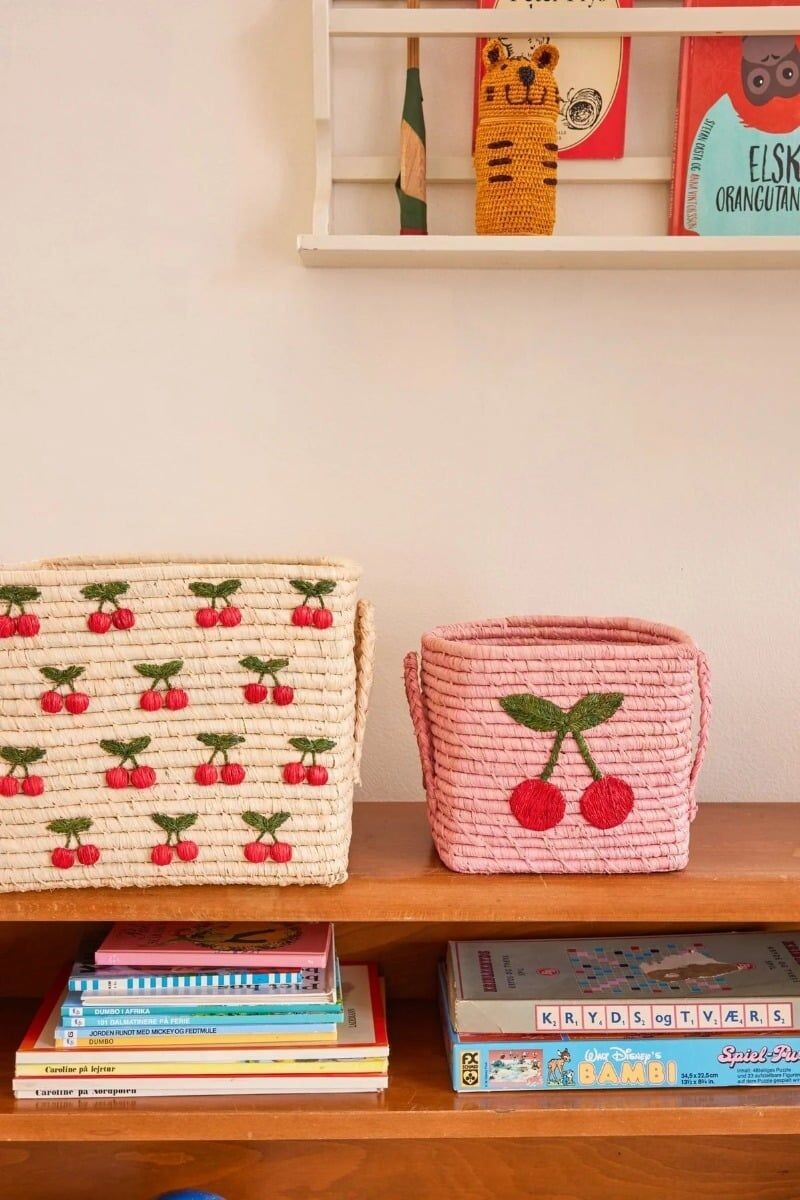 Rice - Raffia Square Basket With Small Cherries Embroidery - Red - 30X30X25