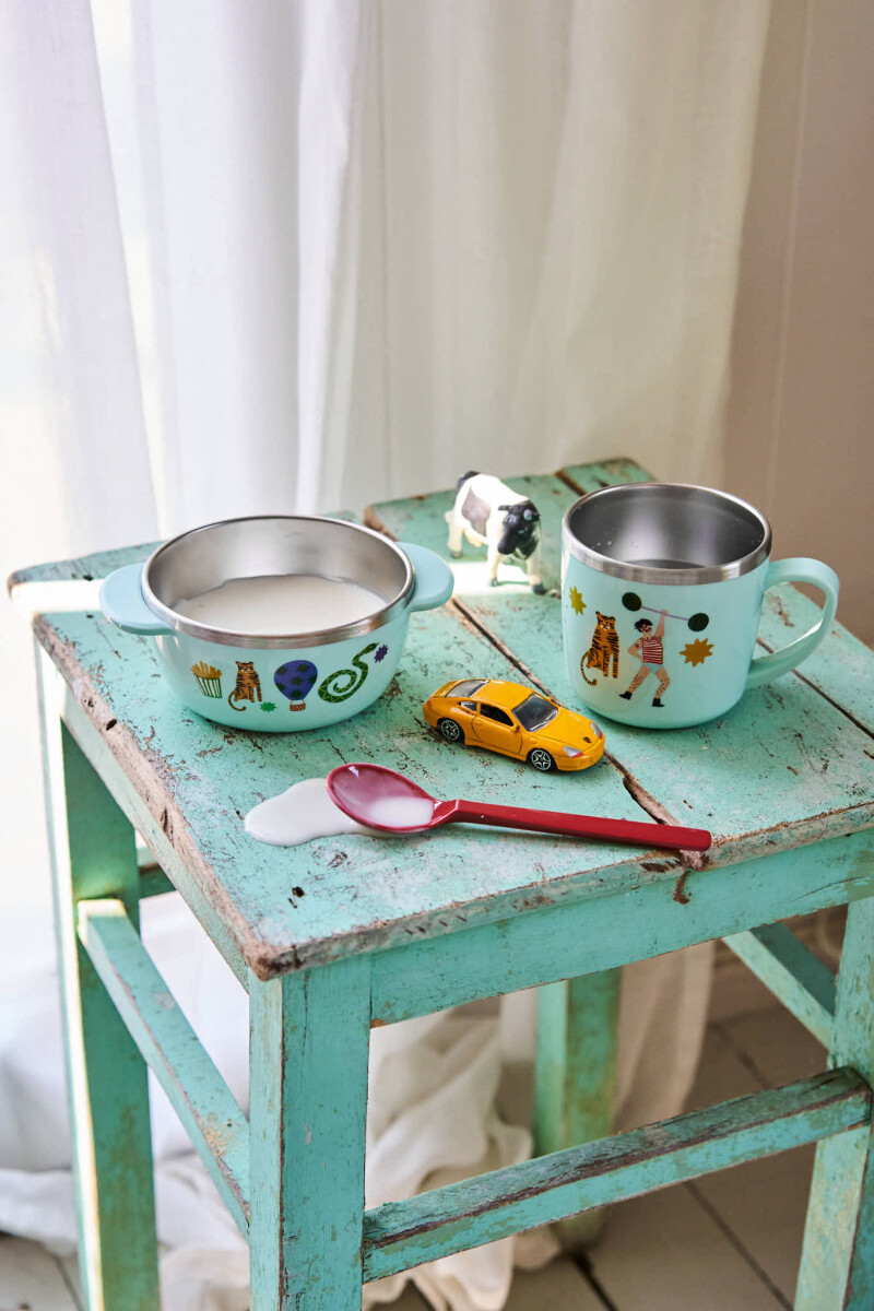 Rice - Stainless Steel Baby Bowl With Fixed Cover - Mint Fun Fair Print -