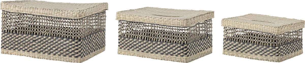 Bloomingville - Sabel Flet Kurv Med Låg - Sort - Søgræs - 3 Stk