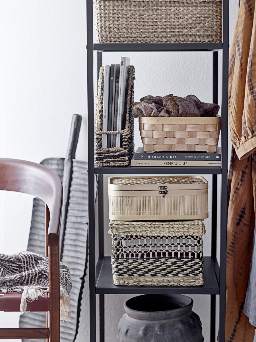 Bloomingville - Sabel Flet Kurv Med Låg - Sort - Søgræs - 3 Stk