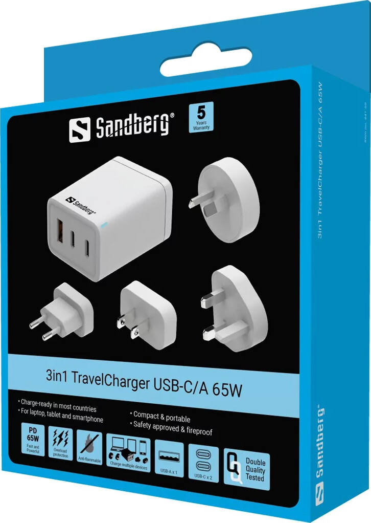 Sandberg - 3-I-1 Rejseoplader Usb-Ca 65W