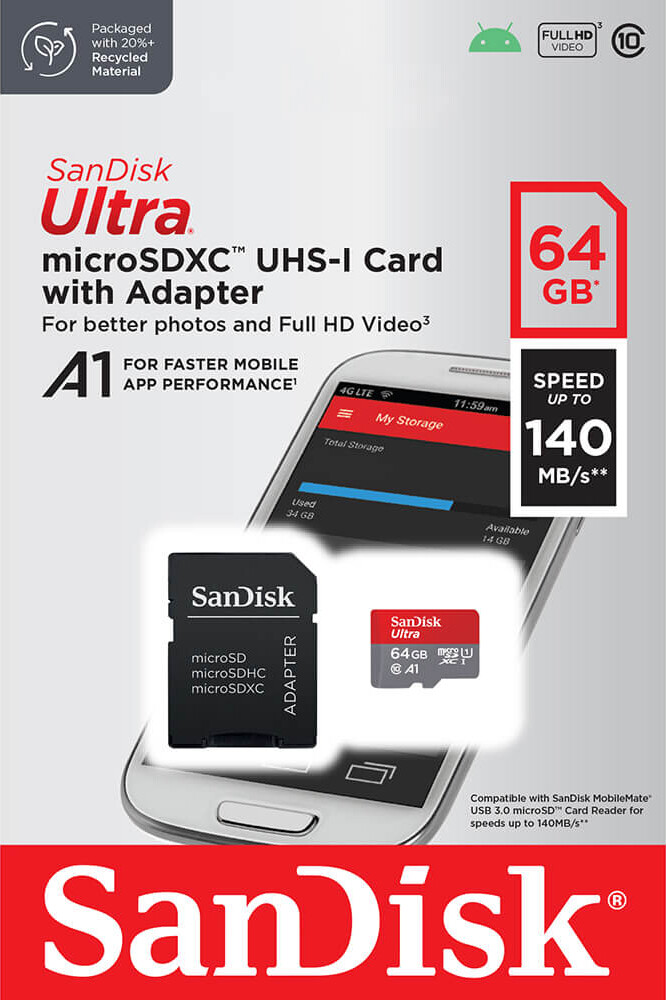 Sandisk - Microsdxc Mobil Ultra 64Gb 140Mbs Uhs-I Adapt