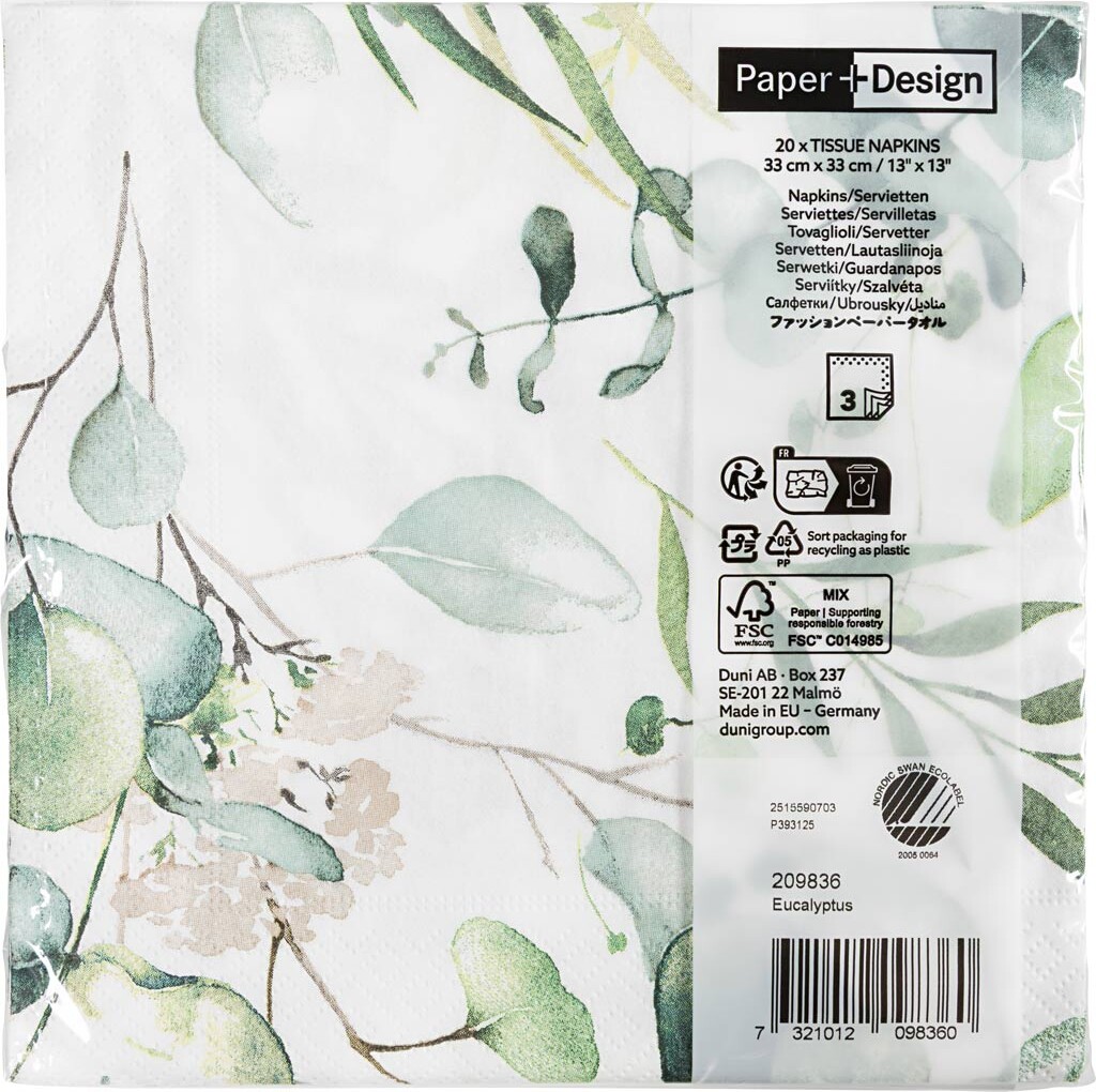 Servietter - Eukalyptus Blade - Str 33X33 Cm - 20 Stk