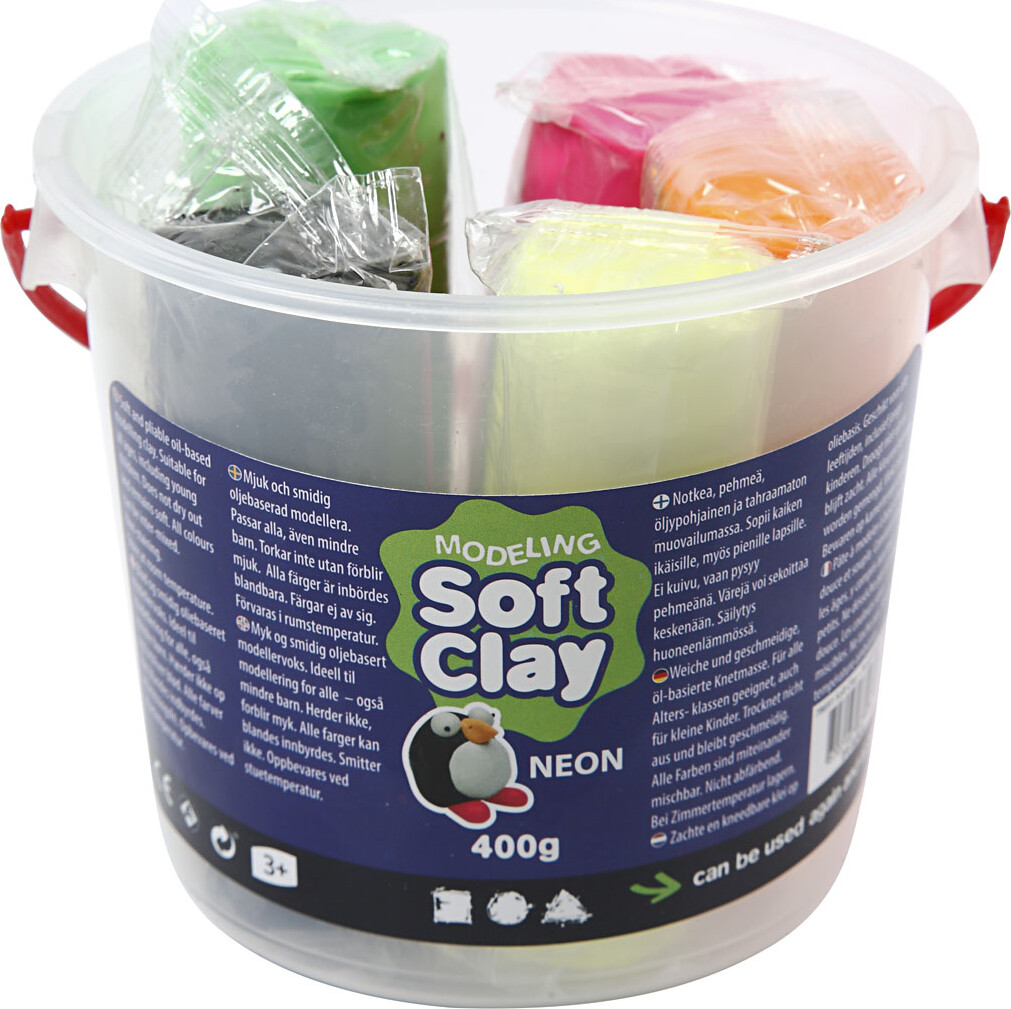 Soft Clay - Modellervoks I Spand - 5 Neonfarver - 400 G