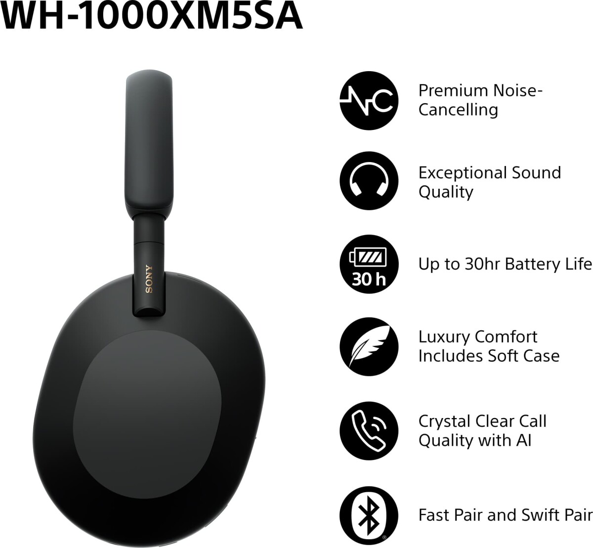 Sony - Wh-1000Xm5Sa Wireless Over-Ear Høretelefoners Black