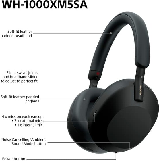 Sony - Wh-1000Xm5Sa Wireless Over-Ear Høretelefoners Black