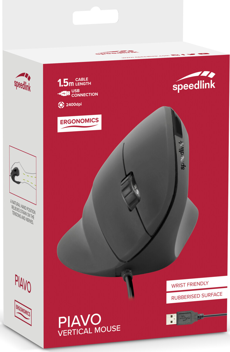 Speedlink - Piavo Ergonomic Vertikal Mus - Usb - Sort - 2400 Dpi