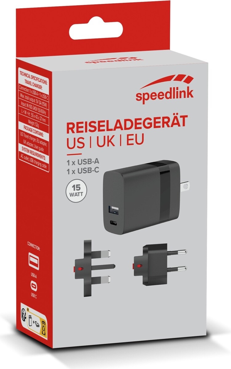 Speedlink - Travel Charger Usb-A Usb-C 15W For Us-Uk-Eu Black