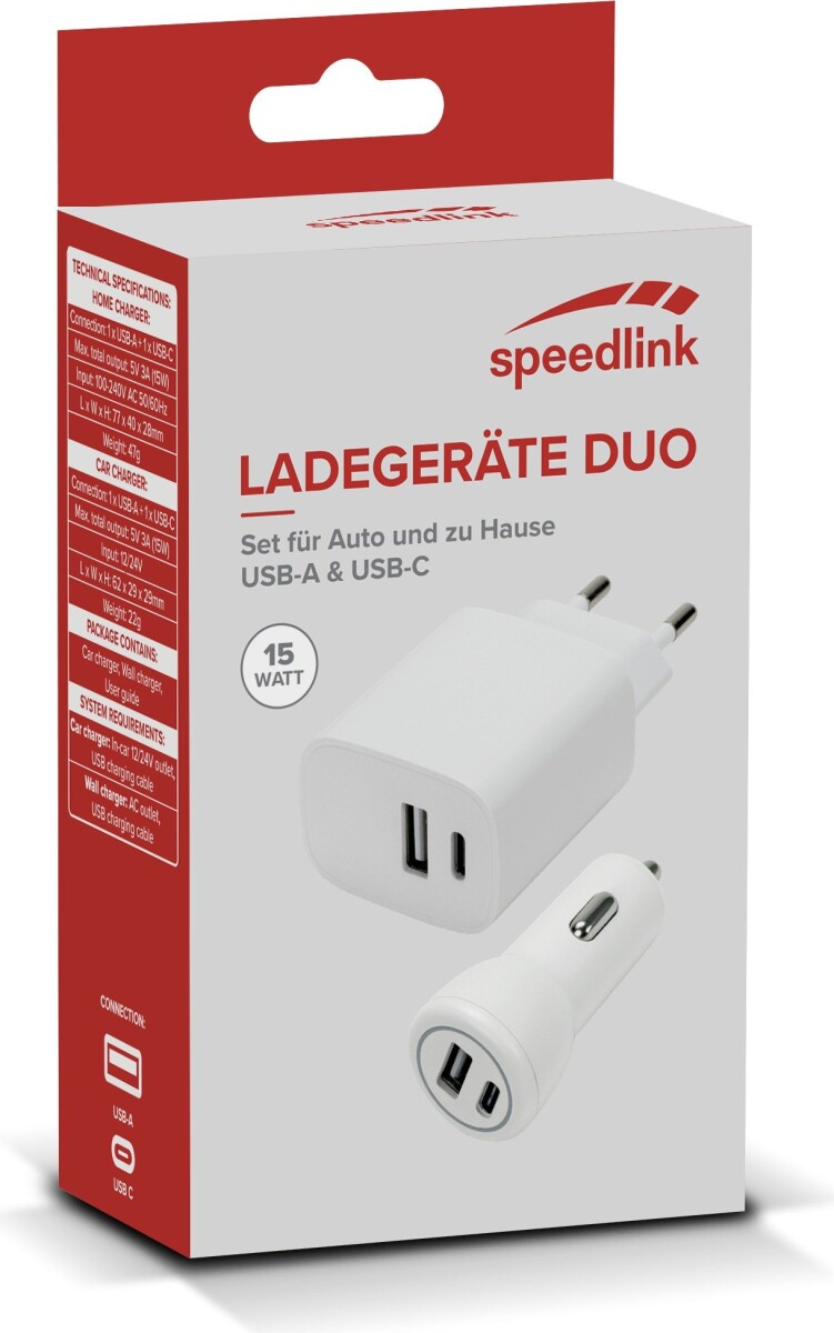 Speedlink - Wall Car Charger Set Usb-A Usb-C 15W White