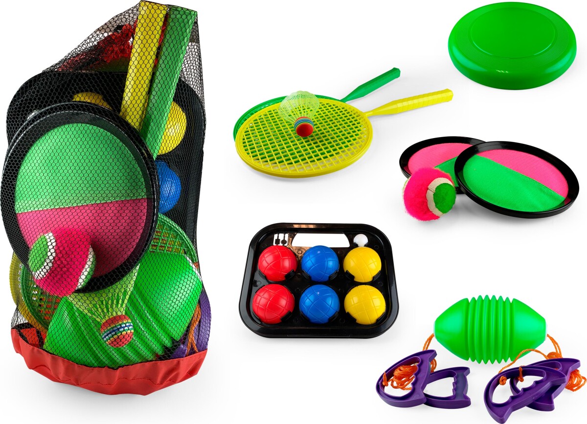 5 Havespil I Rygsæk - Badminton Frisbee Boccia