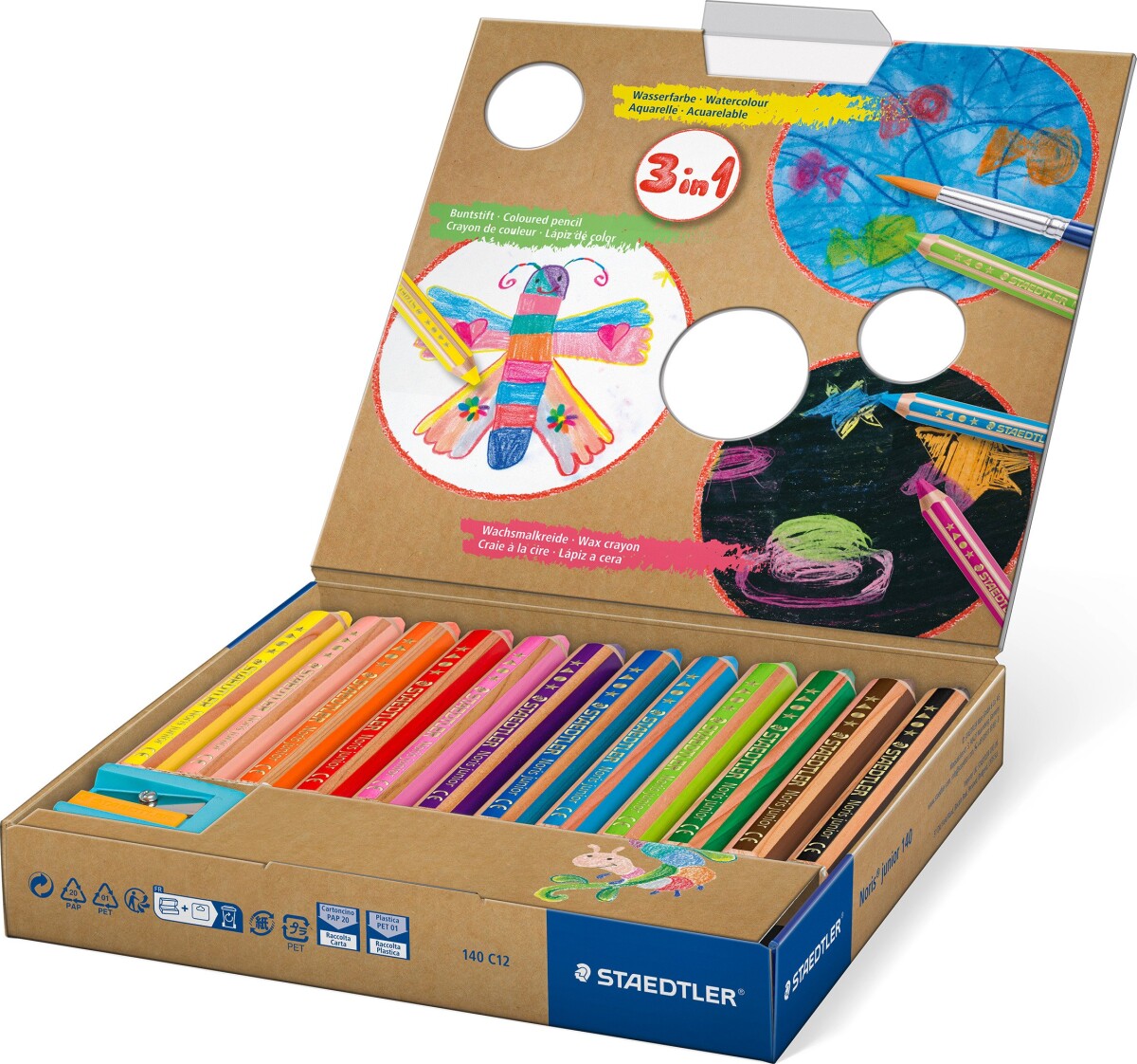 Staedtler - Store 3 I 1 Farveblyanter I Boks - 12 Farver