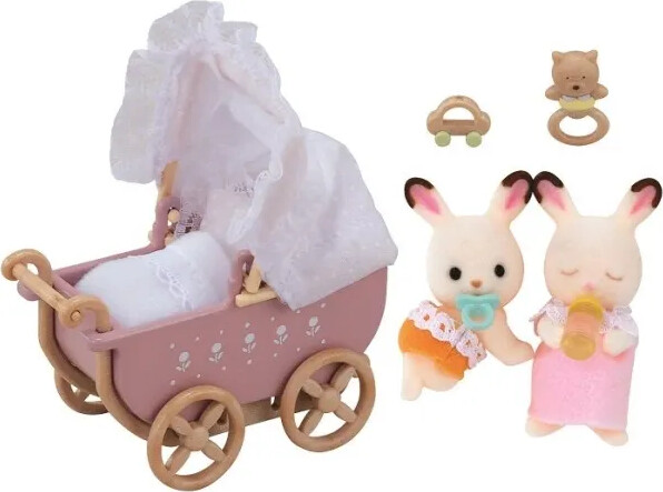 Sylvanian Families - Chocolate Bunny Twins Med Dobbelt Klapvogn
