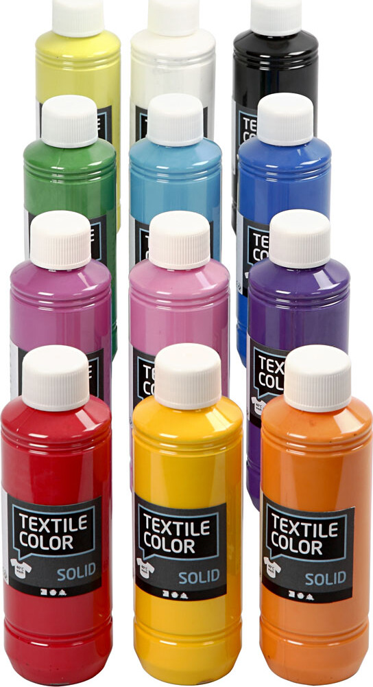 Tekstilmaling - Dækkende - Assorterede Farver 12X250 Ml