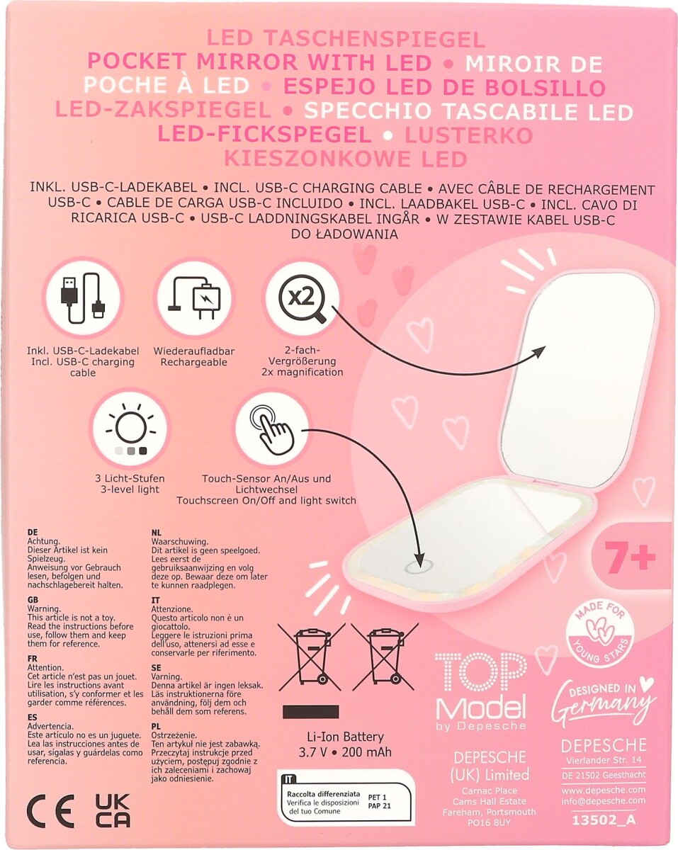 Top Model - Lomme Makeup Spejl Med Lys Til Børn - Pink