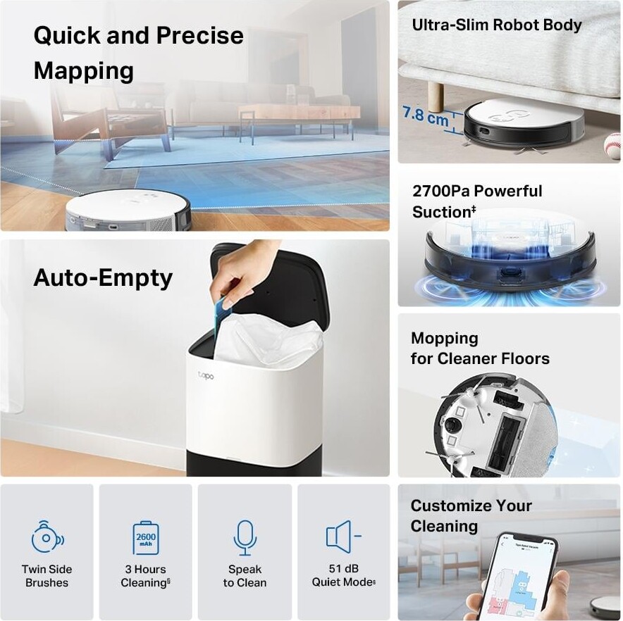 Tp-Link - Tapo Rv20 Mop Plus Smart Robotstøvsuger Og Gulvvasker