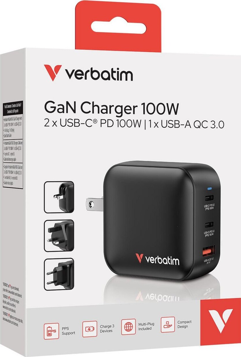 Verbatim - 100Wgan Charger 3 Port Us Plug With Eu And Uk Adaptors