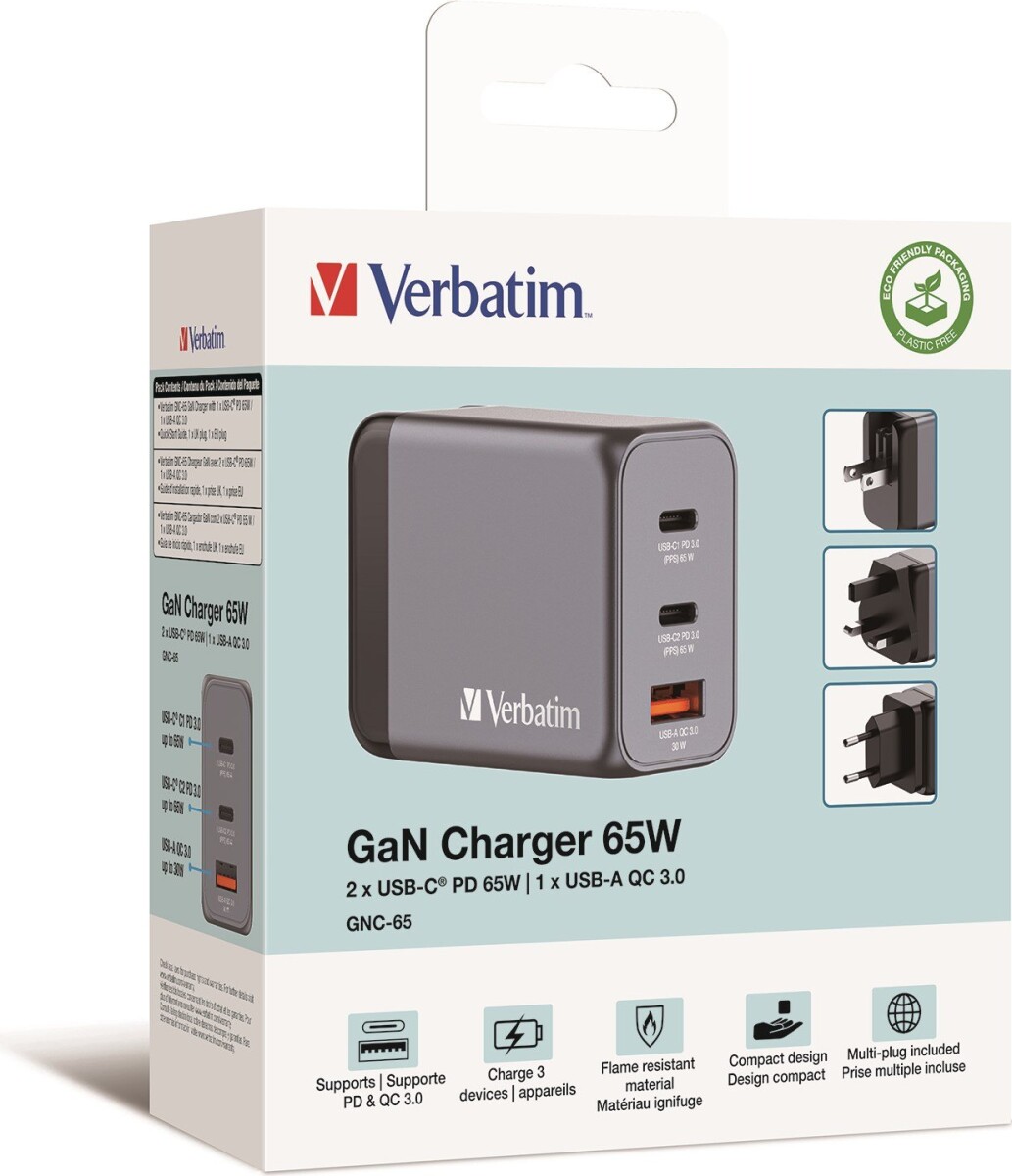 Verbatim - Gnc-65 Gan Oplader 3 Port 65W Usb-Ausb-C