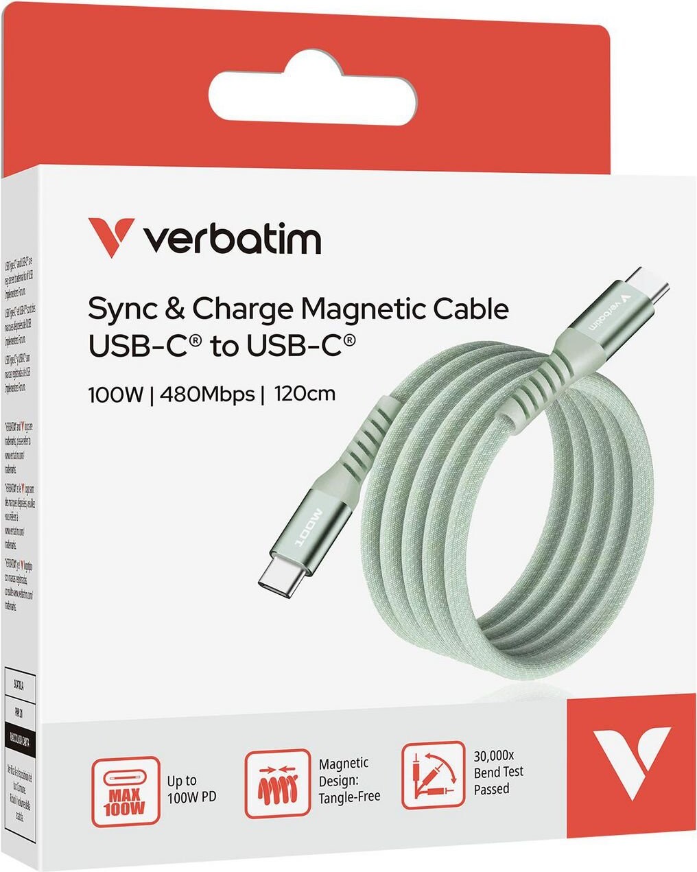 Verbatim - Sync Charge Magnetic Cable - 100W Usb-C To Usb-C 120 Cm
