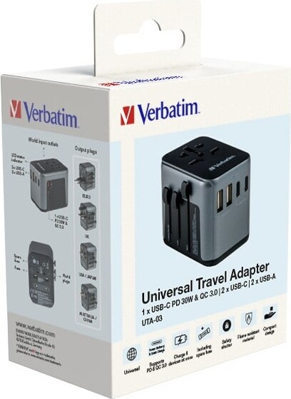 Verbatim - Universal Travel Adapter Uta-03 Pd30Wqc 2Xusb 2Xtype-C