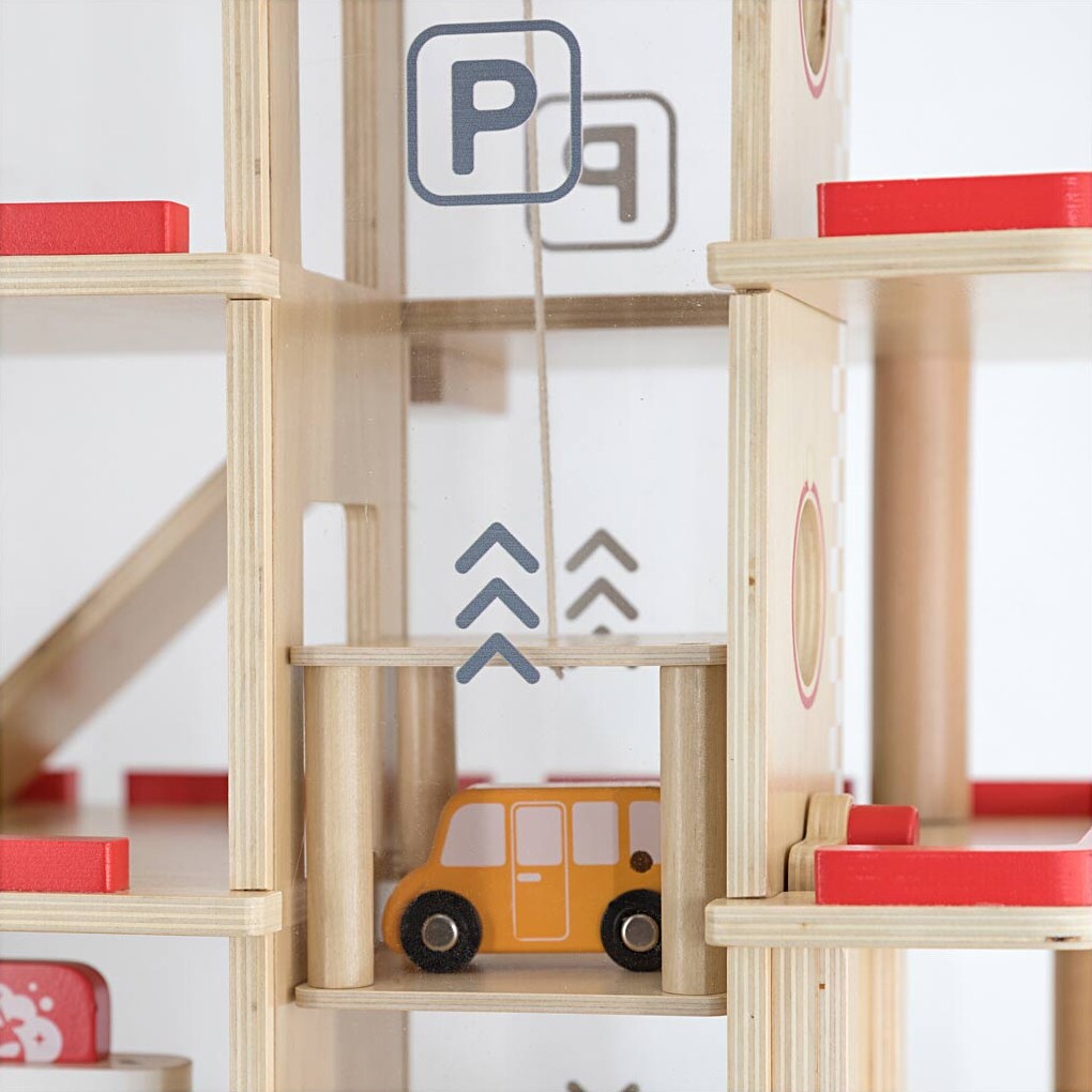 Parkeringshus - Legetøj I Træ - Inkl 4 Biler Og 1 Helikopter - Viga