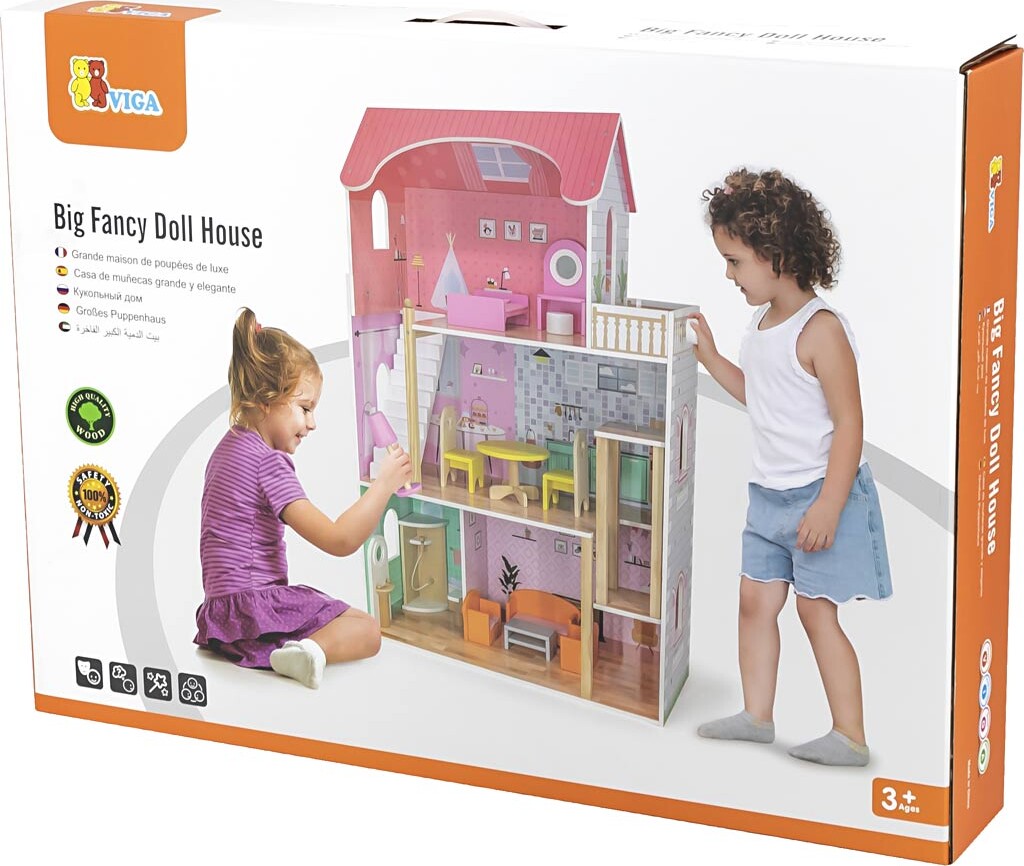 Viga - Big Fancy Doll House - Dukkehus Legesæt I 14 Dele - 44570