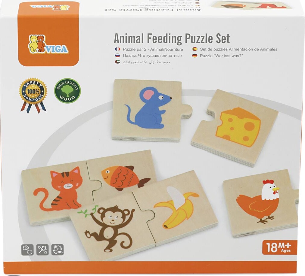 Viga Puslespil I Træ - Dyr Og Mad - 12 Mini Puslespil