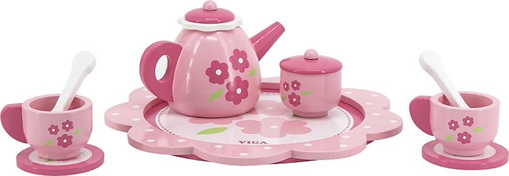 Viga - Tesæt I Træ Til Børn - Pink Med Blomster - 9 Dele