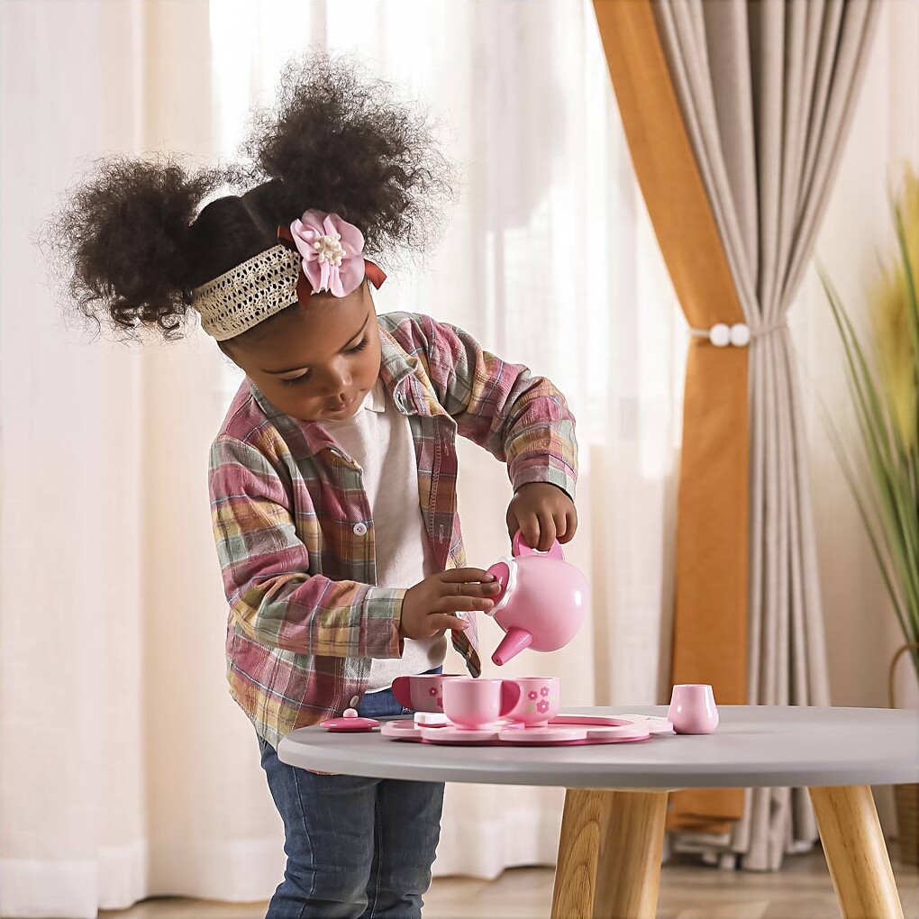 Viga - Tesæt I Træ Til Børn - Pink Med Blomster - 9 Dele