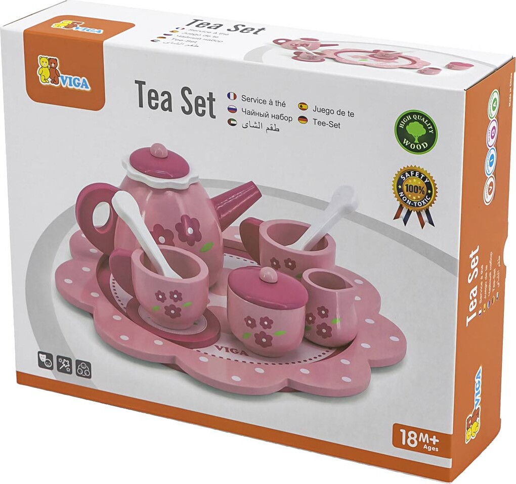 Viga - Tesæt I Træ Til Børn - Pink Med Blomster - 9 Dele