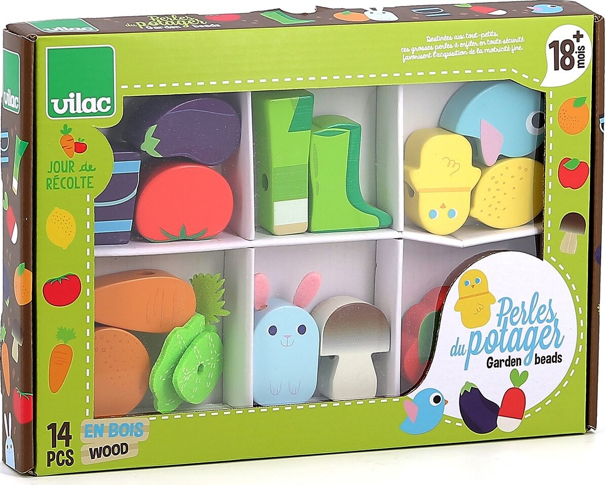 Vilac - Træ Figur Perler På Snor - Grøntsager Og Dyr