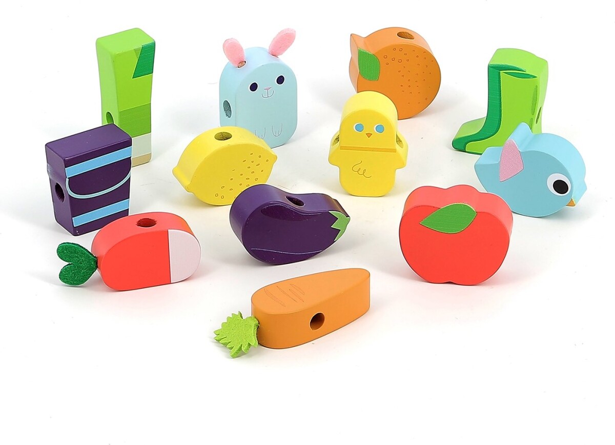 Vilac - Træ Figur Perler På Snor - Grøntsager Og Dyr