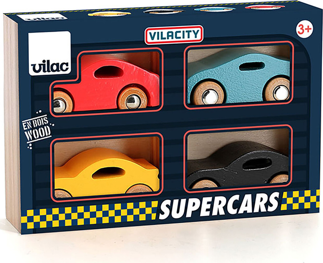 Vilac - Vilacity Legetøjsbiler I Træ - Super Biler - 4 Stk