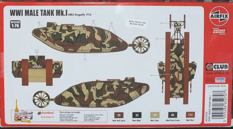 Airfix - Wwi Male Tank Byggesæt - Vintage Classics - 1 76 - A01315V