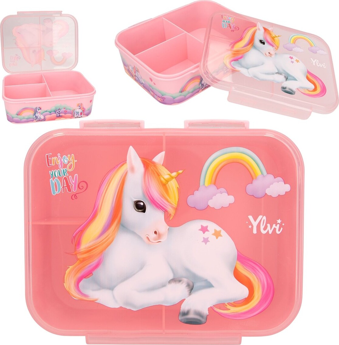 Ylvi - Enhjørning Madkasse Til Børn - 3 Rum - Color Cloud