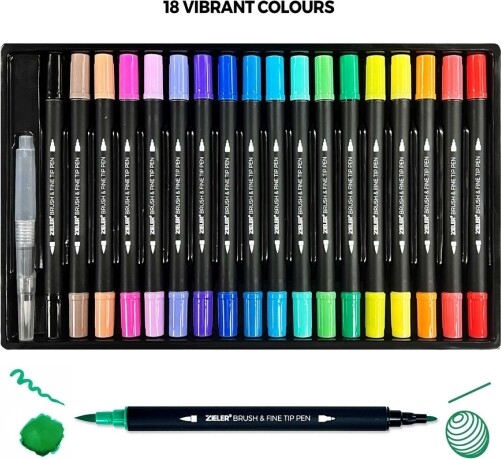 Zieler - 18 Brush Fine Tip Pens - Dobbeltender - Vandbaseret