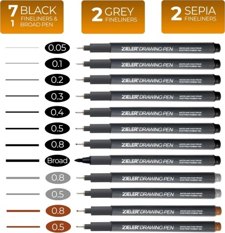 Zieler - 12 Drawing Pens - Water Pens - Fineliner Tusser - 12 Stk
